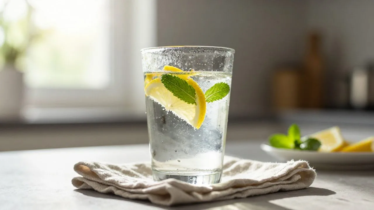 Vaso de agua con gas con rodajas de limón y menta sobre una encimera iluminada por el sol.