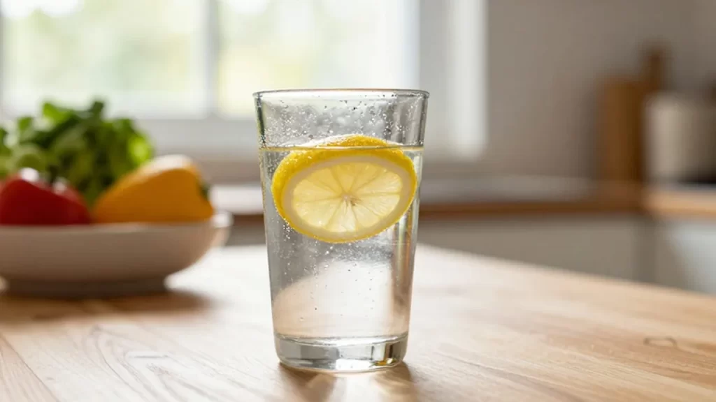Vaso de agua fresca con una rodaja de limón sobre una mesa de madera iluminada por el sol.