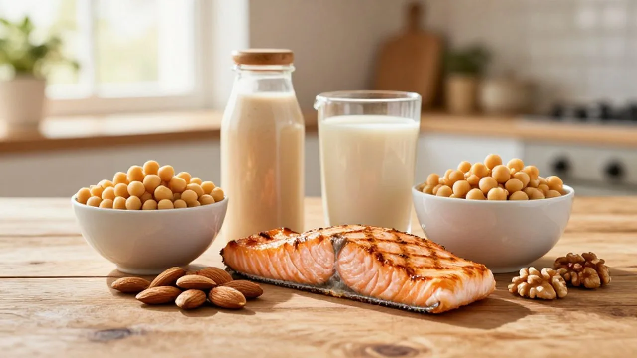 Variedad de proteínas saludables que incluye salmón a la parrilla, garbanzos y frutos secos sobre madera.