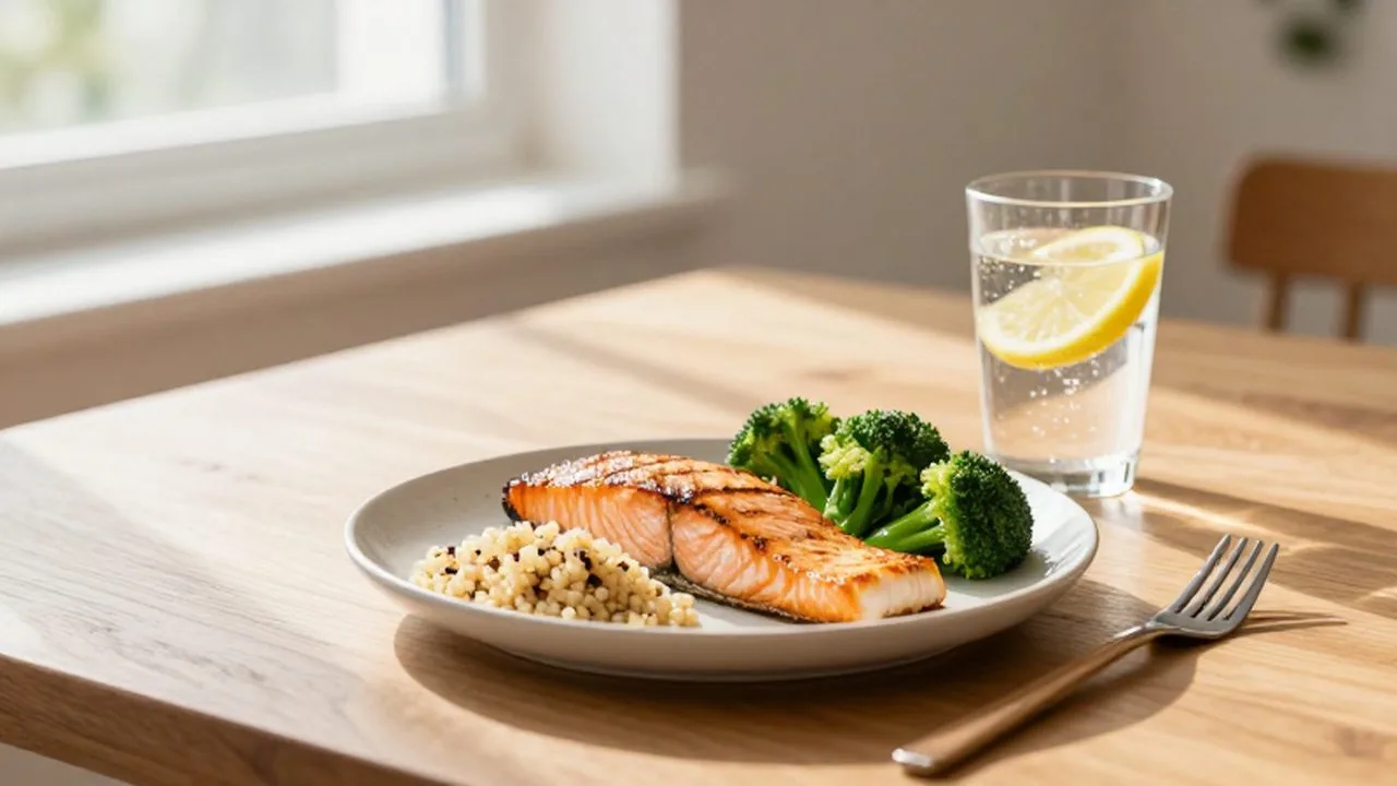 Salmón a la plancha con quinoa y brócoli sobre una mesa de madera iluminada por el sol.
