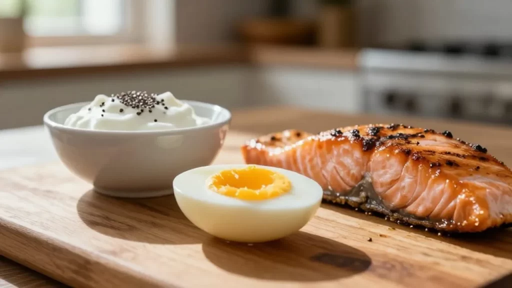 Desayuno mediterráneo con salmón a la parrilla