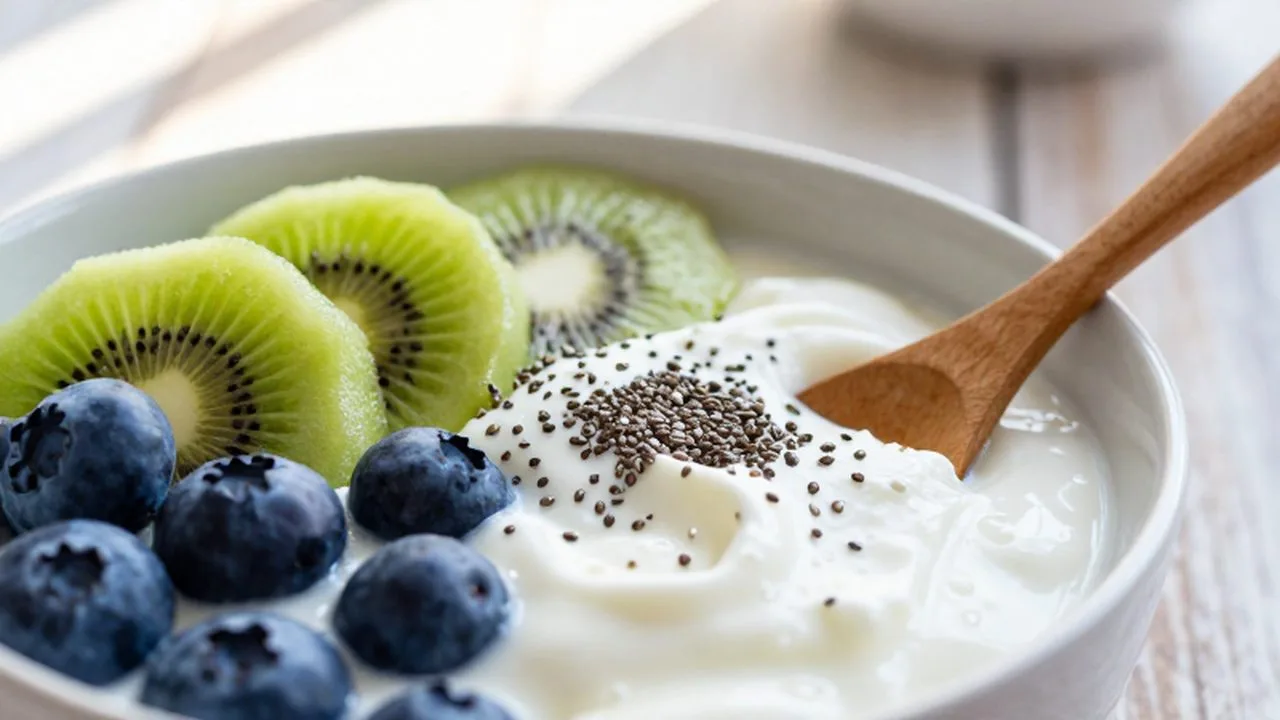 Bol de yogur griego con arándanos, kiwi y semillas de chía sobre una mesa de madera.