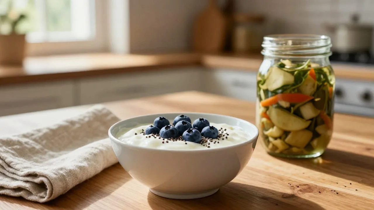 Yogur con arándanos y semillas de chía junto a un frasco de vegetales fermentados en una mesa de madera.