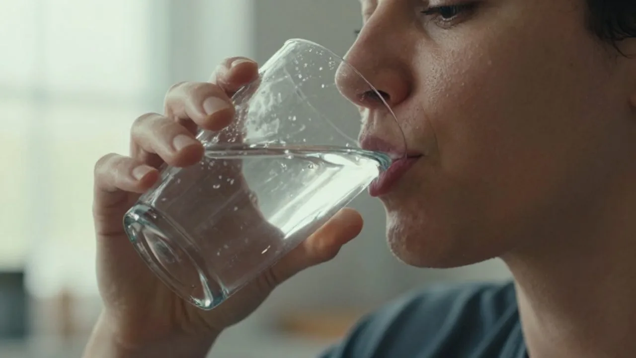 Persona bebiendo un gran vaso de agua en una cocina iluminada por la mañana.