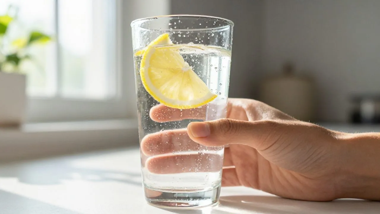 Mano sosteniendo un vaso de agua con gas y limón bajo la luz del sol matutino.