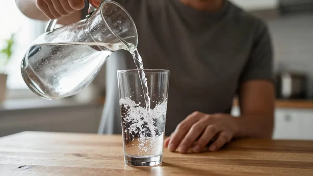 Persona vertiendo agua con gas desde una jarra en un vaso sobre una mesa de madera.