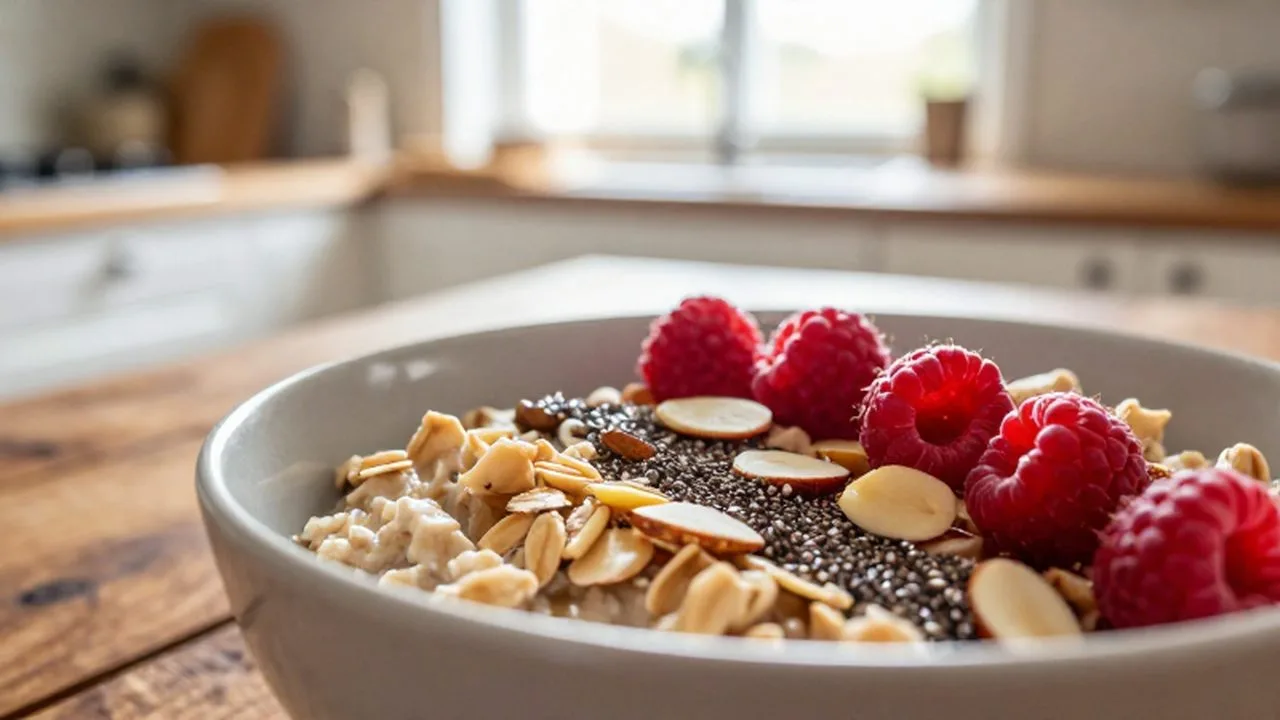 Cuenco de avena con frambuesas, semillas de chía y almendras sobre una mesa de madera.