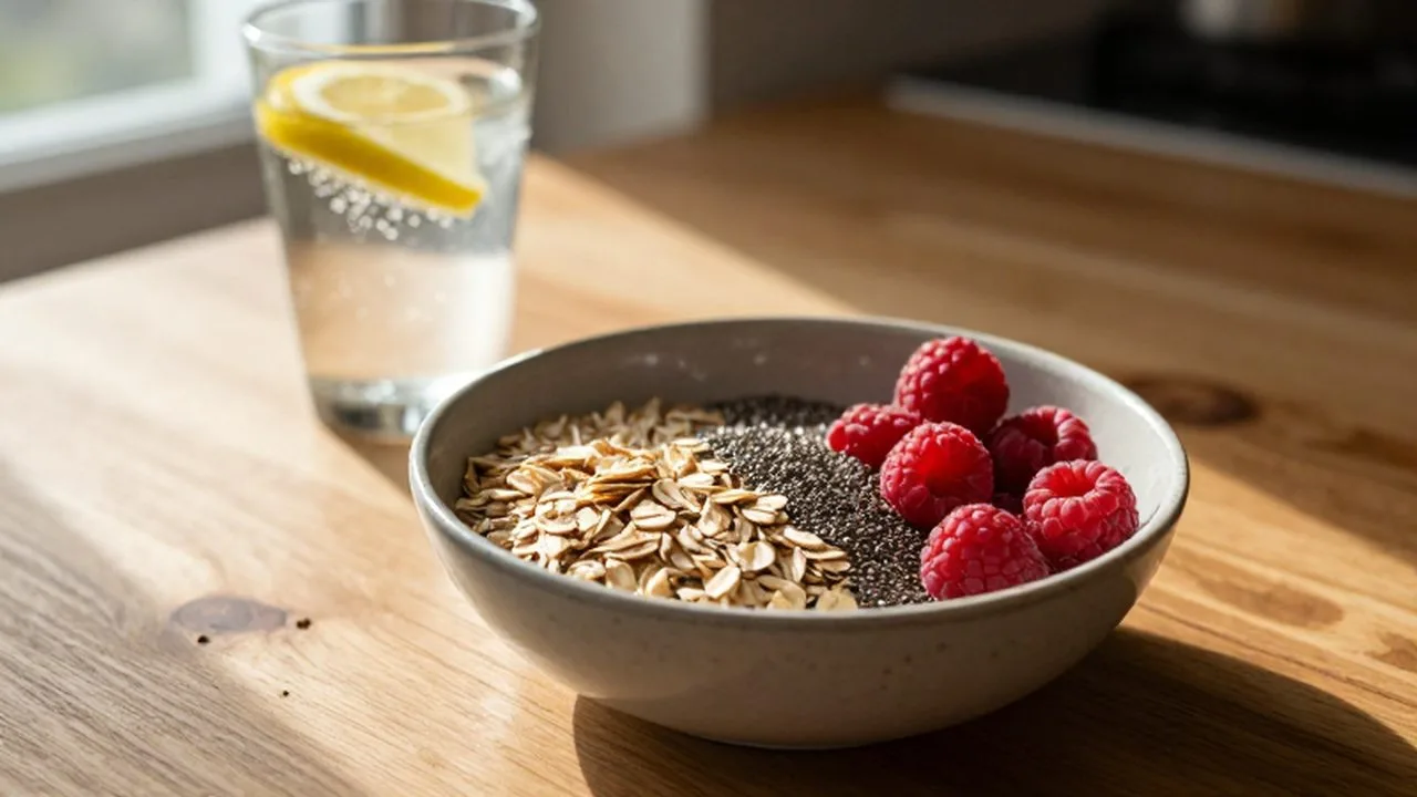 Bol de avena con chía y frambuesas junto a un vaso de agua con limón sobre una mesa de madera.