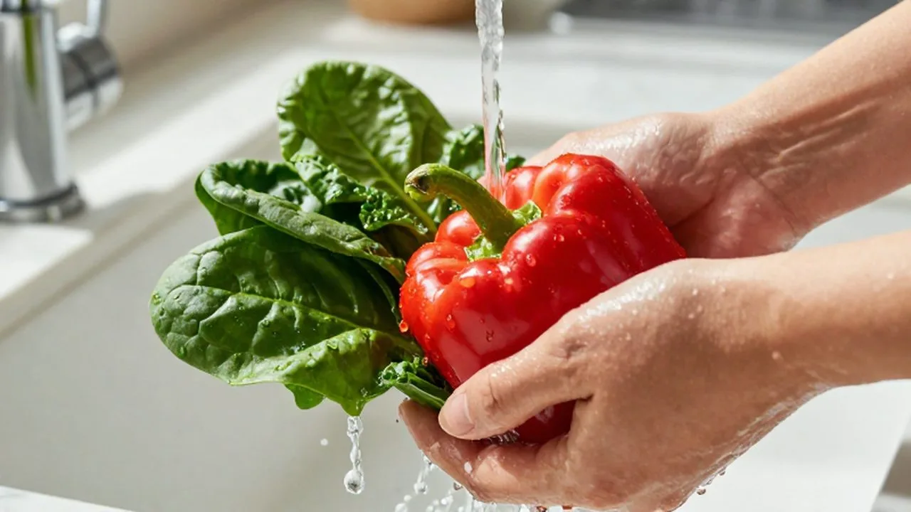 Espinacas verdes y pimientos rojos se lavan bajo un chorro de agua sobre mármol.