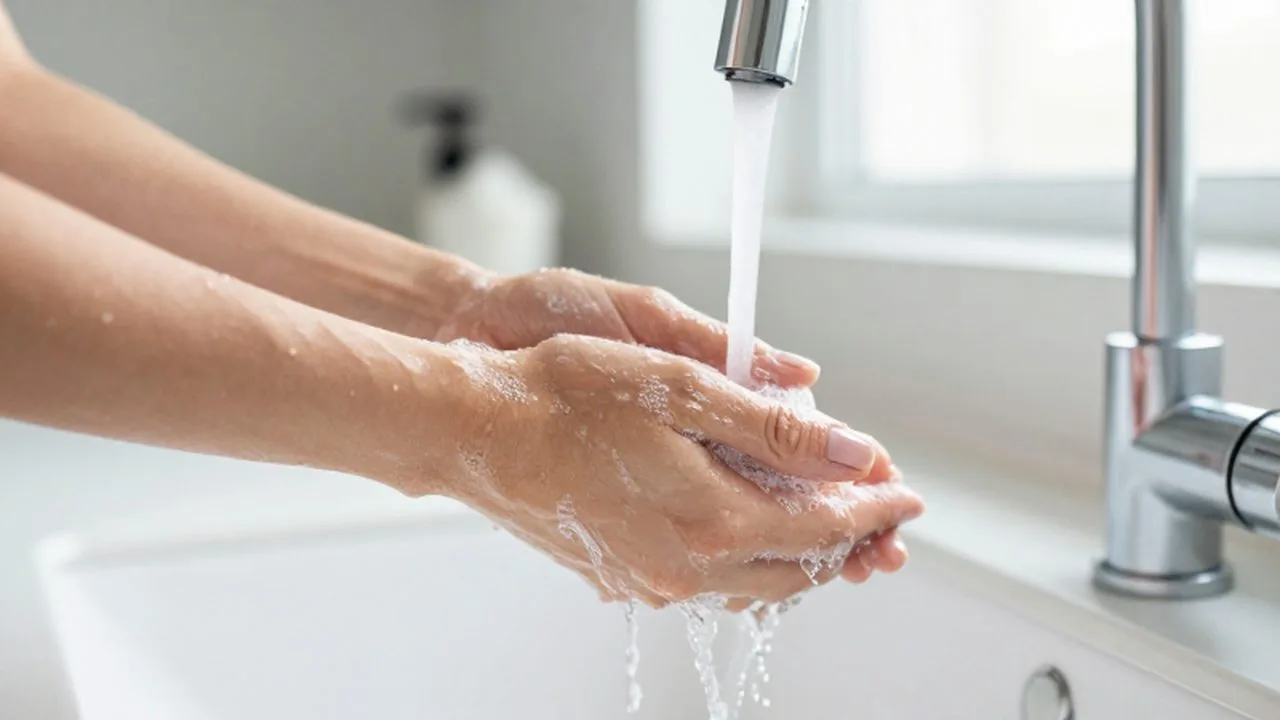 Manos lavándose con abundante agua y jabón bajo un grifo en una cocina luminosa.