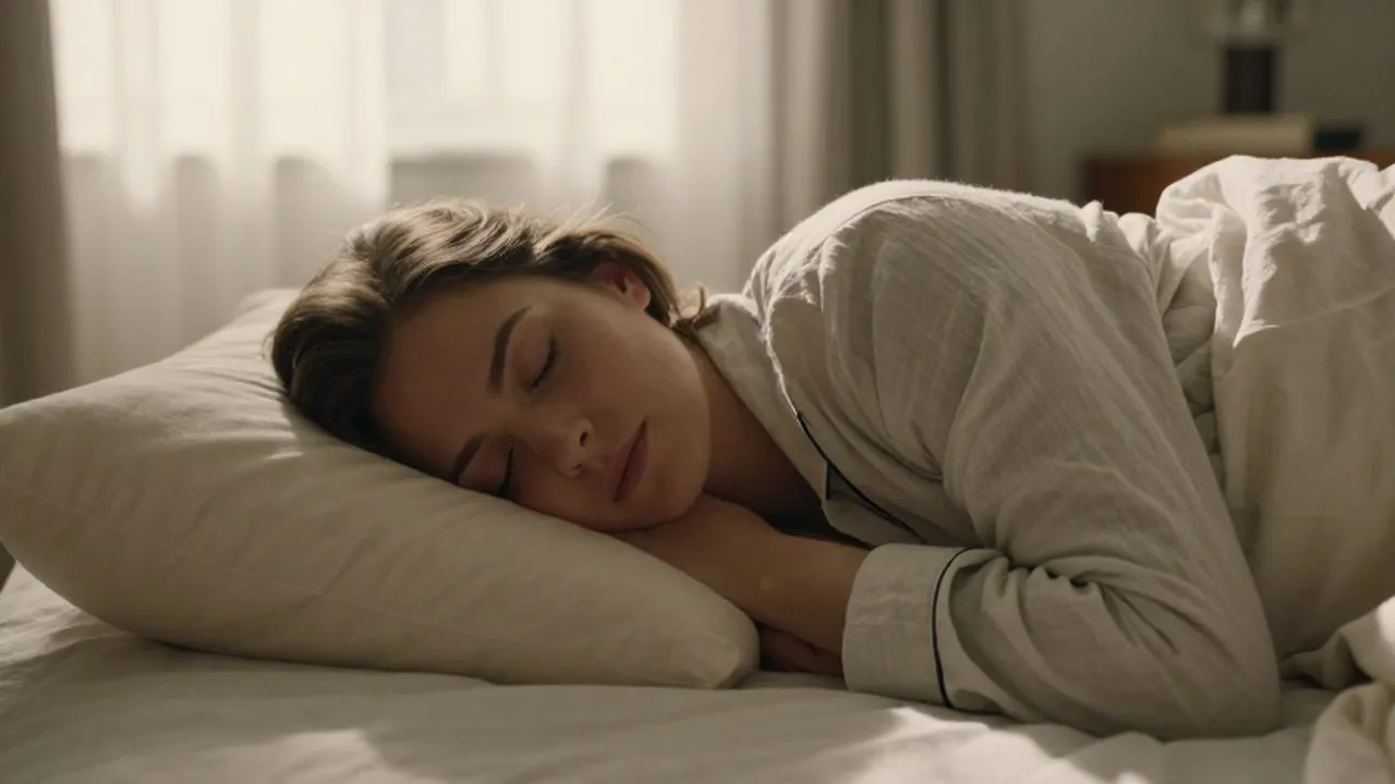 Persona durmiendo plácidamente de lado en una cama acogedora con luz de mañana.