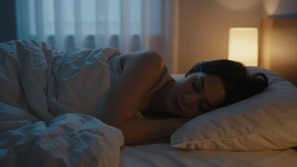 Persona durmiendo plácidamente en una cama acogedora bajo la suave luz de la luna.