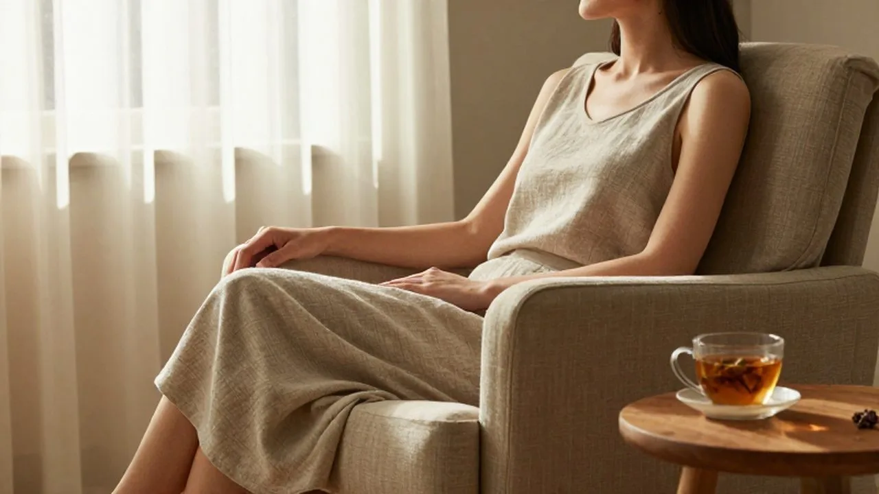 Mujer relajada sentada en un sillón de lino con una taza de té caliente.