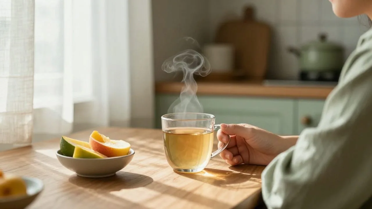 Una taza de té caliente con fruta fresca sobre una mesa de madera bañada por la luz matinal.