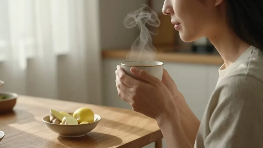 Mujer relajada bebiendo té caliente en una cocina luminosa con rodajas de jengibre y limón.