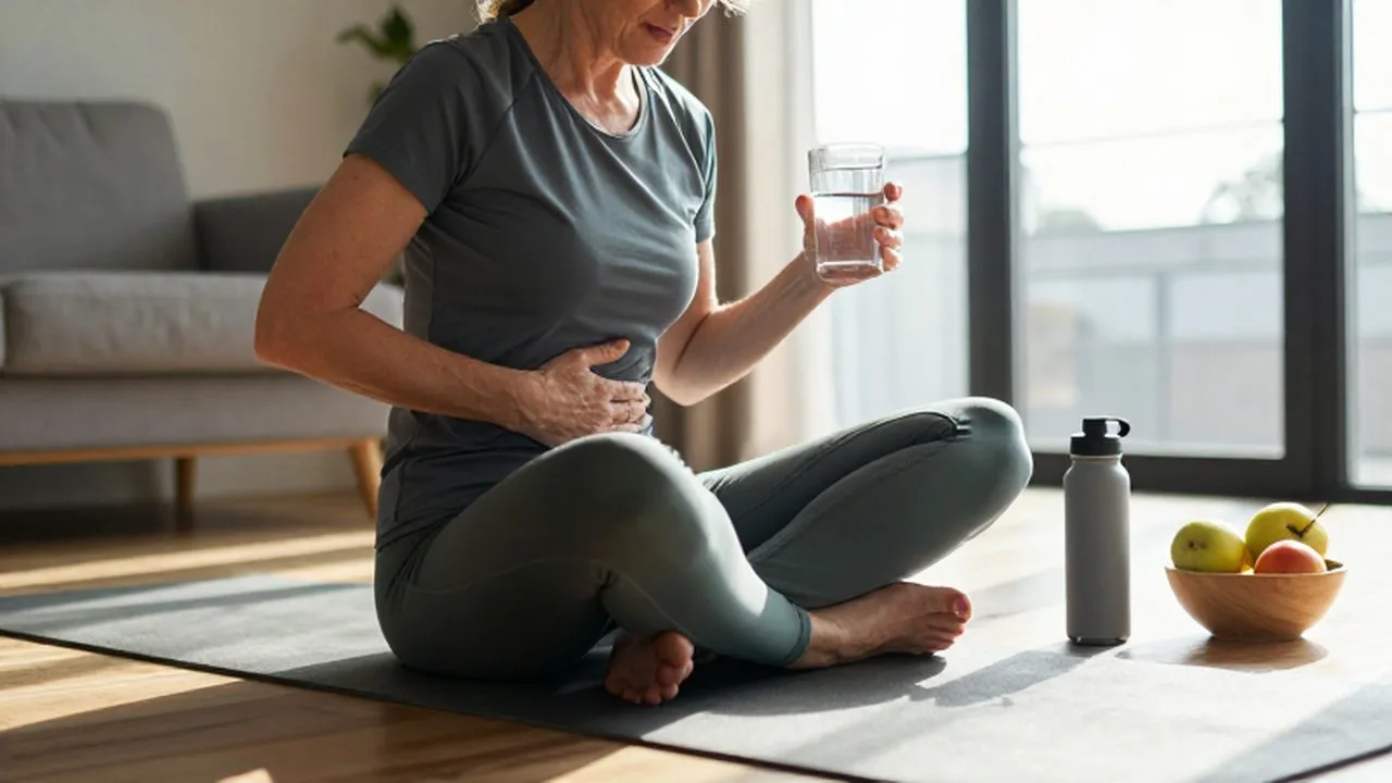 Persona con ropa deportiva sentada en un mat de yoga con un vaso de agua.