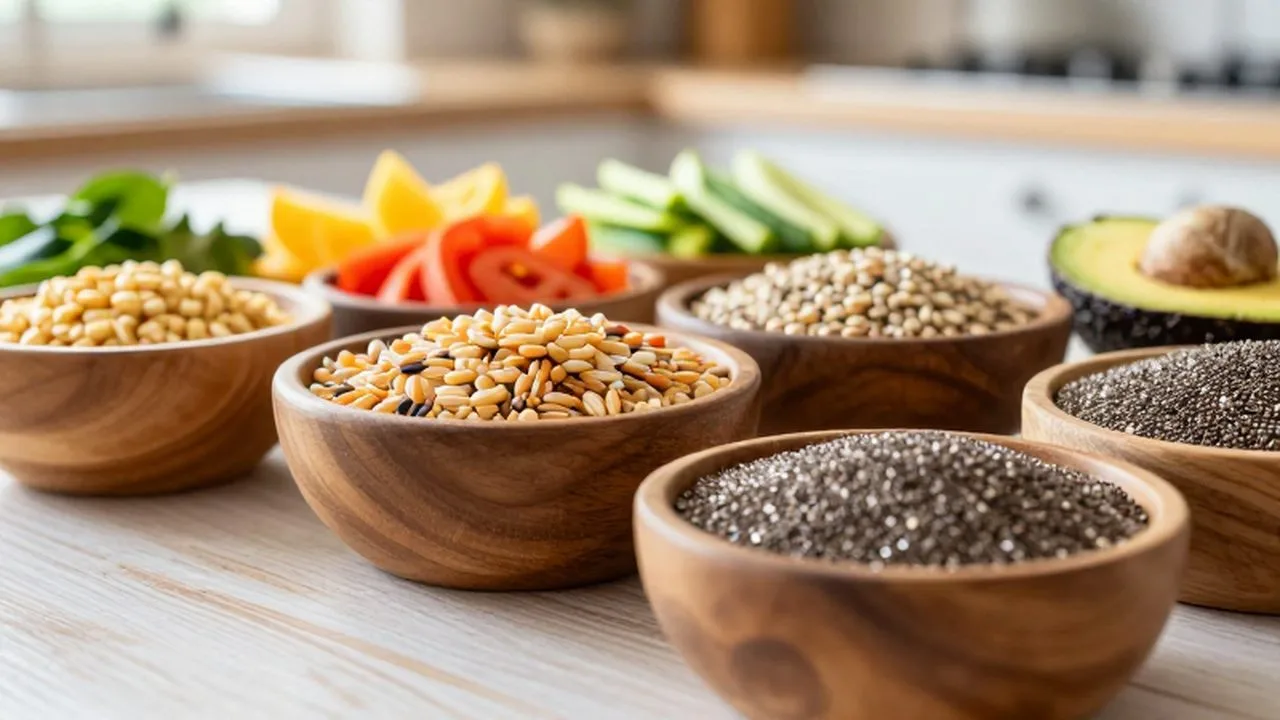 Variedad de granos enteros, vegetales coloridos, aguacates y semillas de chía sobre una mesa de madera.