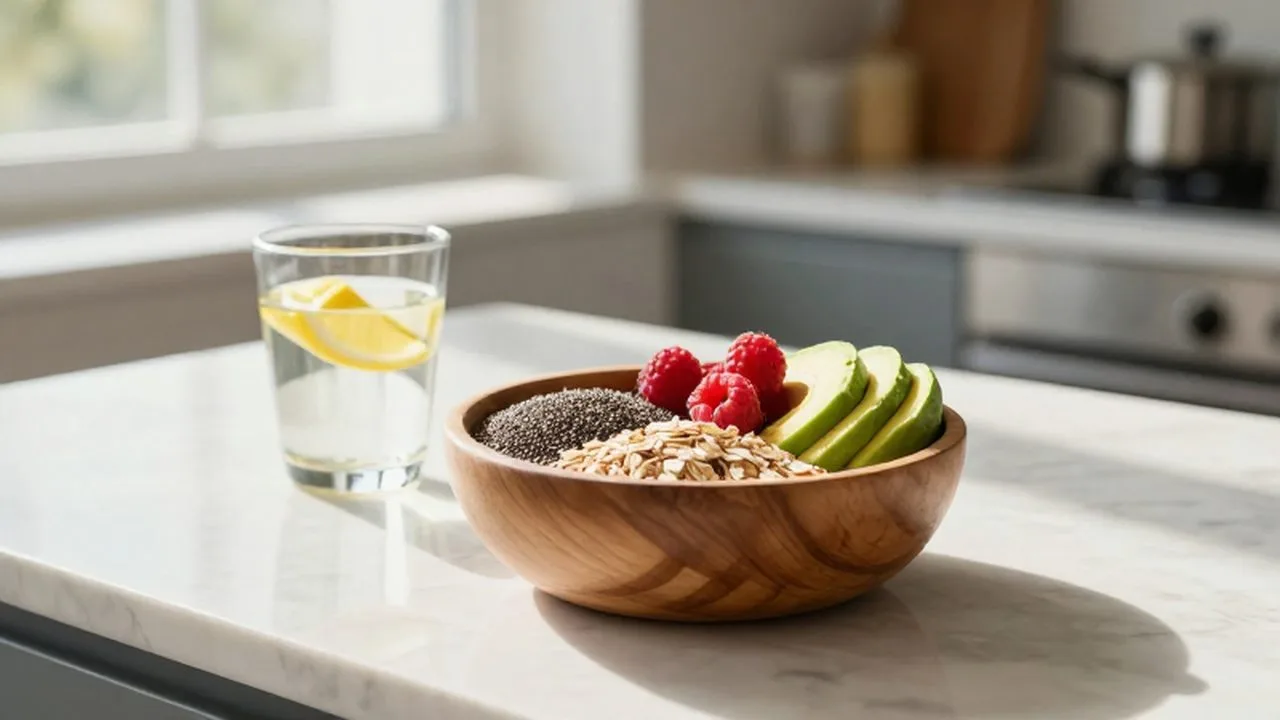 Cuenco de madera con avena, semillas de chía, frambuesas y aguacate junto a un vaso de agua con limón.