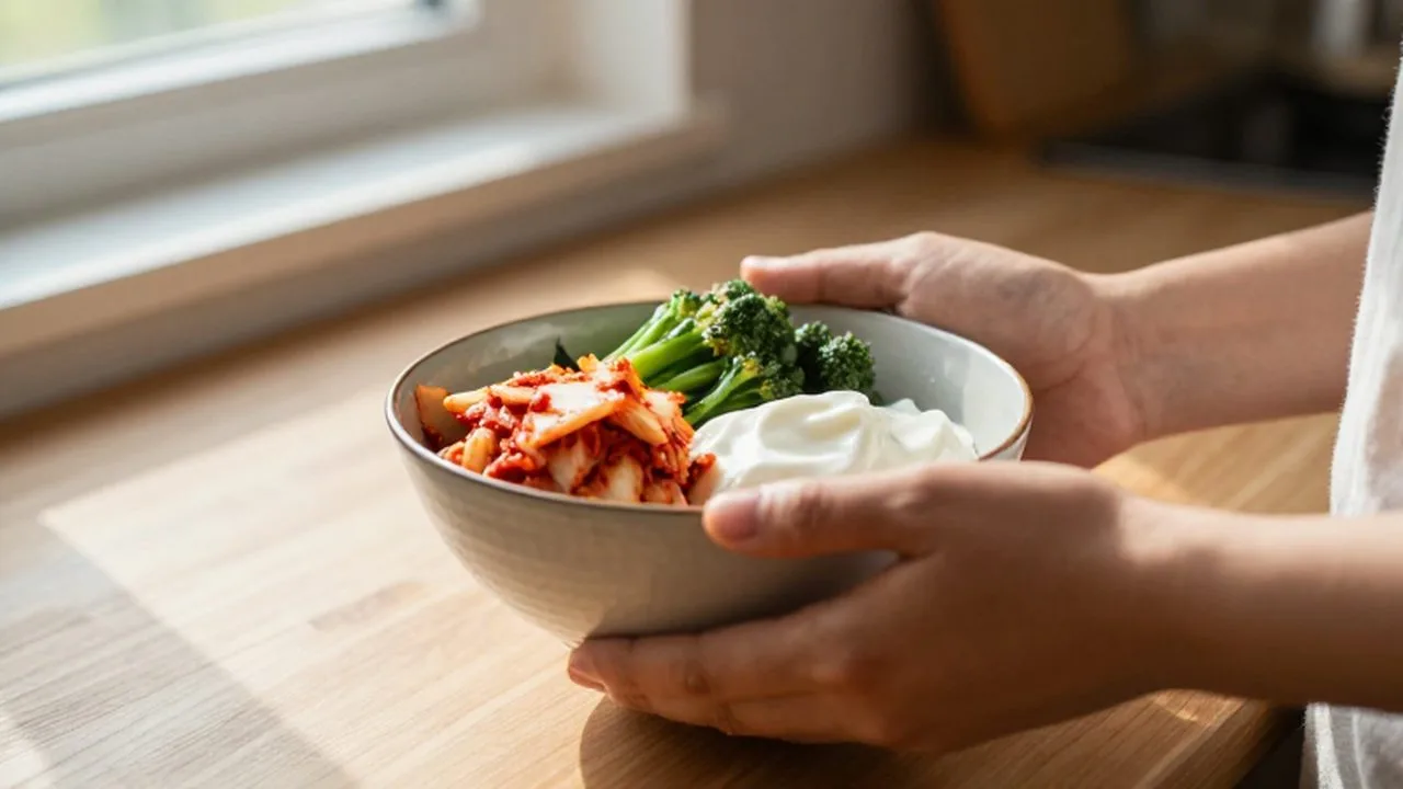 Manos sosteniendo un cuenco de cerámica con kimchi, vegetales frescos y yogur bajo la luz del sol.