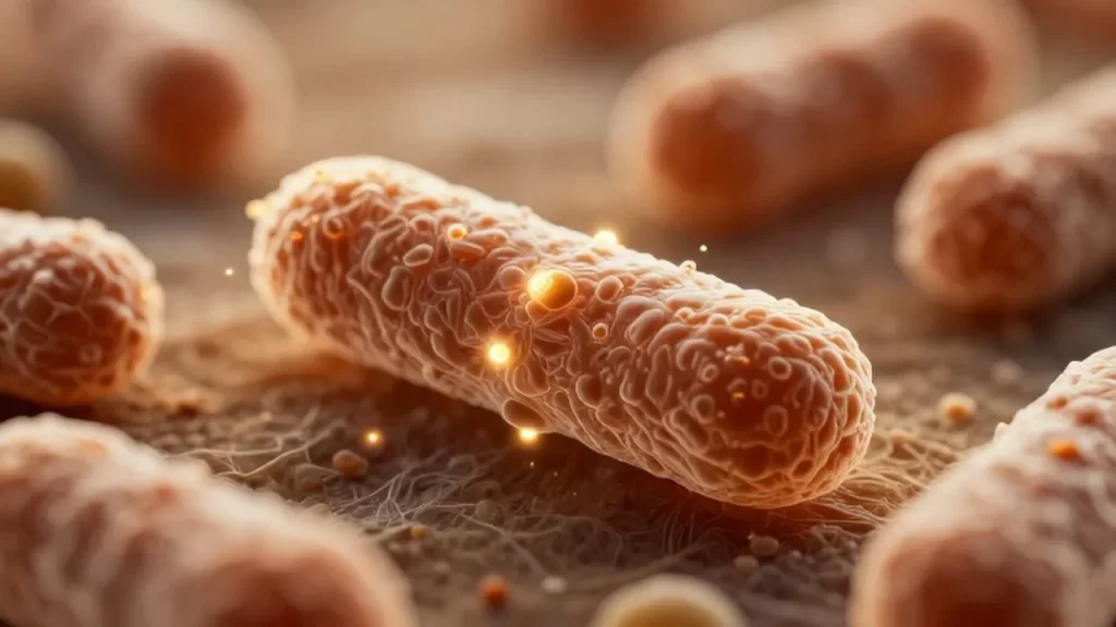 Microscopía detallada de bacterias probióticas con partículas de luz en un ecosistema intestinal saludable.