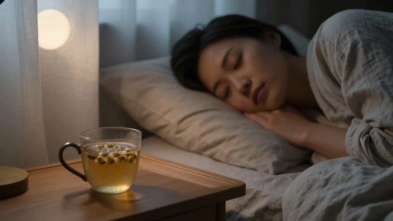 Mujer descansando pacíficamente en una cama con una taza de té junto a la mesita de noche.