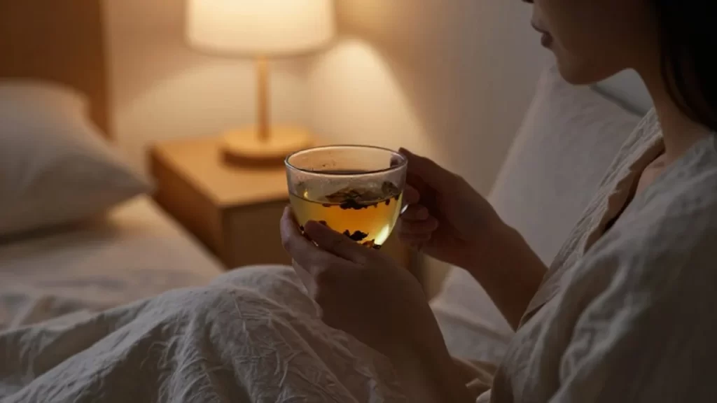 Persona relajada en una cama acogedora bebiendo una taza de té bajo luz tenue.