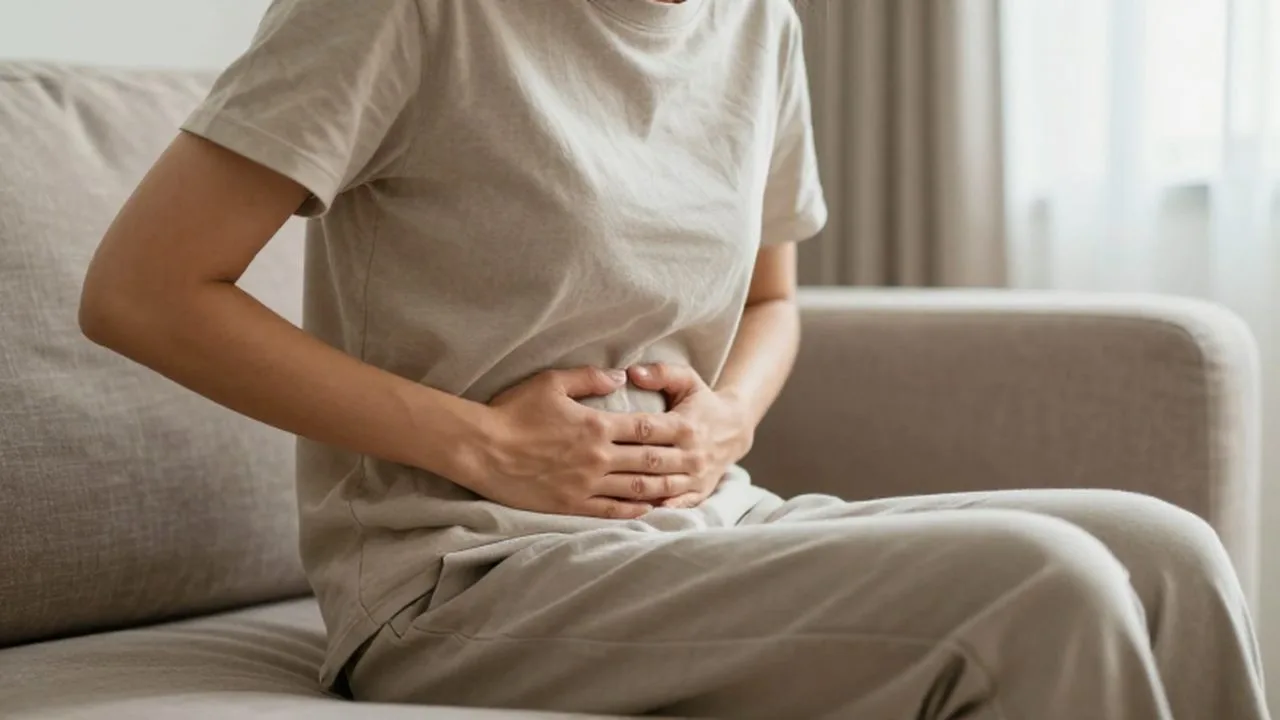 Persona sentada en un sofá tocándose el abdomen con gesto de malestar.