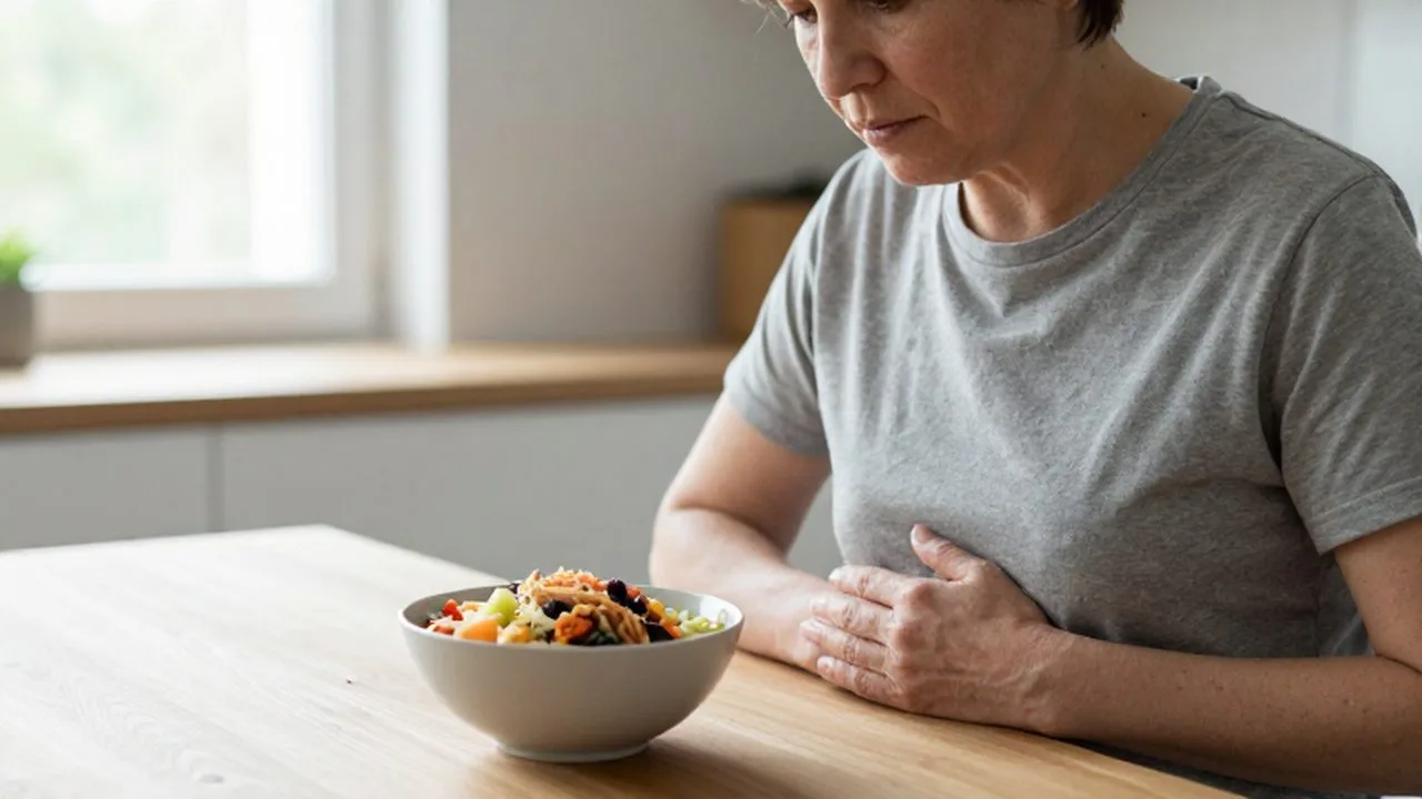 Persona de mediana edad sentada a la mesa contemplando un tazón de alimentos saludables y tocando su abdomen.
