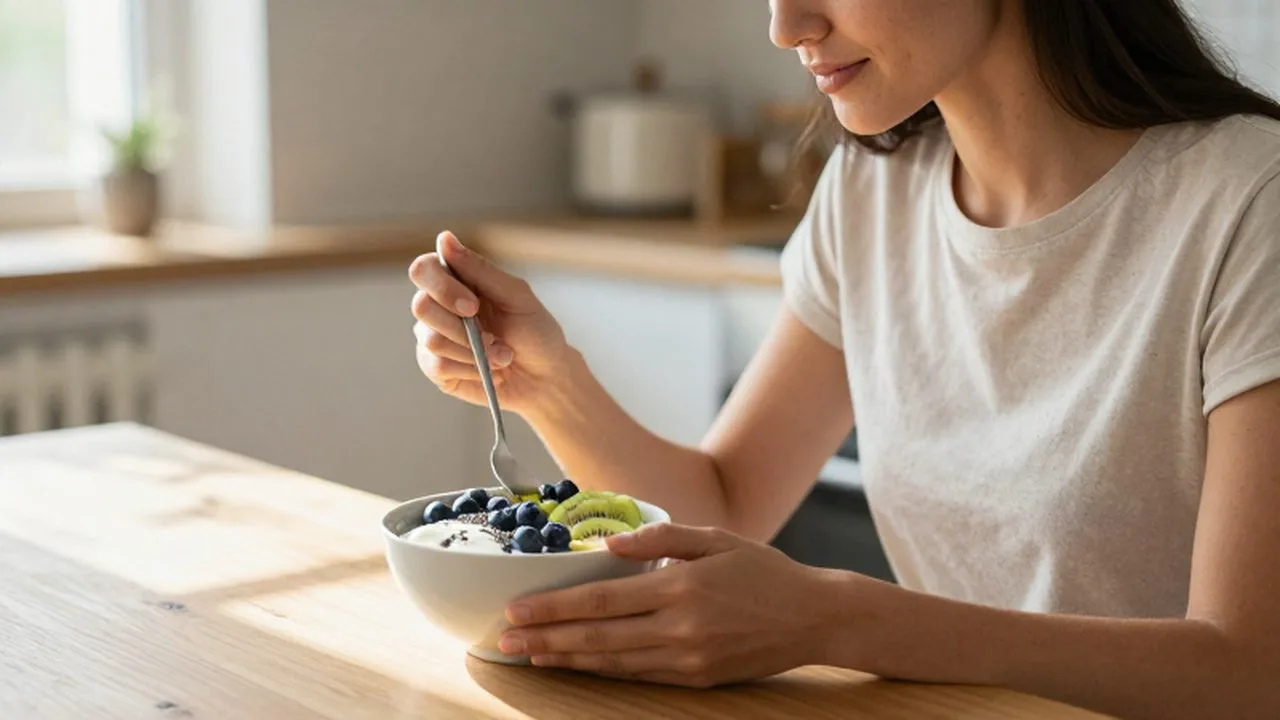 Mujer sentada en la cocina disfrutando de un tazón de yogur con frutas frescas y semillas.