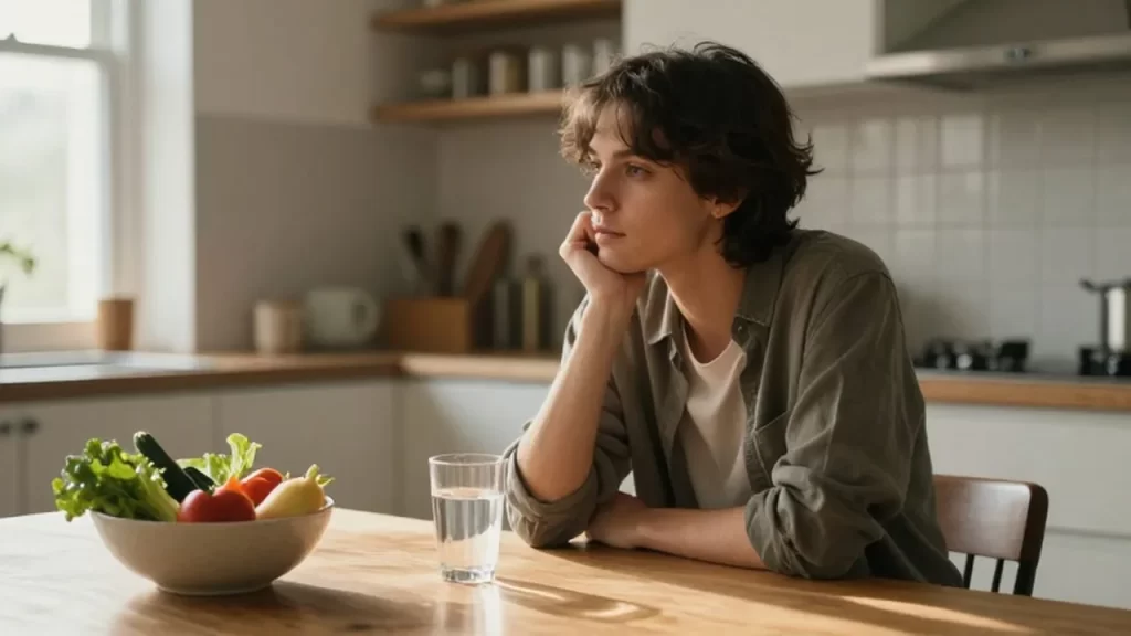 Persona pensativa sentada frente a un vaso de agua y verduras frescas en una cocina iluminada.