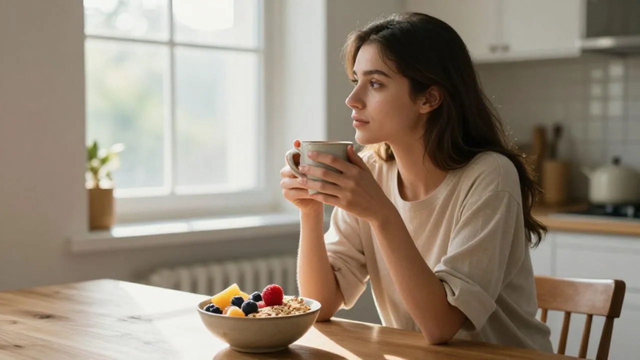 Mujer joven sentada frente a una ventana soleada con una taza de café y un bol de frutas.