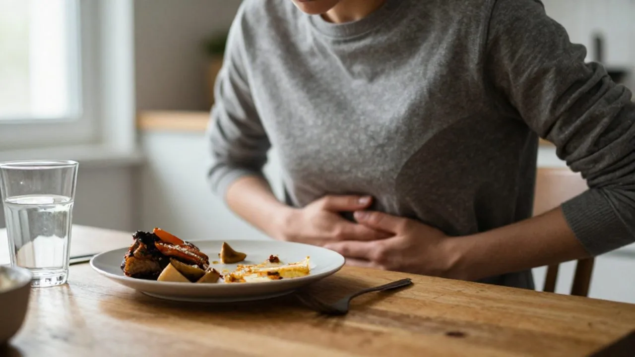 Persona sentada a la mesa con la mano en el abdomen tras una comida abundante.