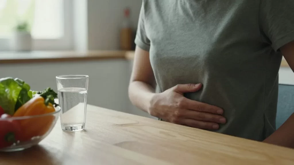 Persona sentada a la mesa con la mano en el abdomen y vegetales frescos cerca.