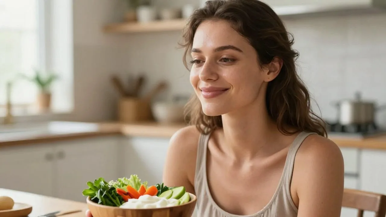 Mujer sonriente sentada en una cocina luminosa frente a un bol de vegetales frescos y yogur.