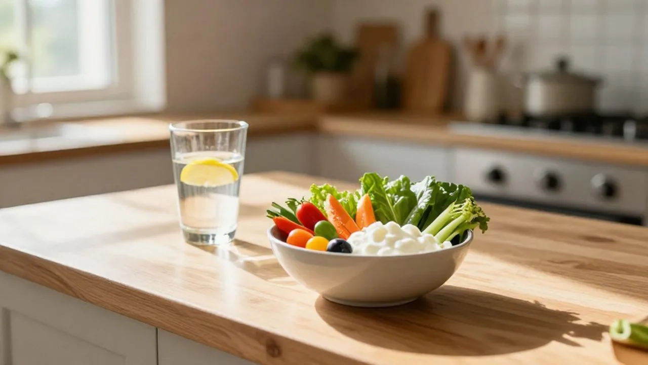 Bol de yogur con vegetales frescos y agua con limón bajo la luz del sol.