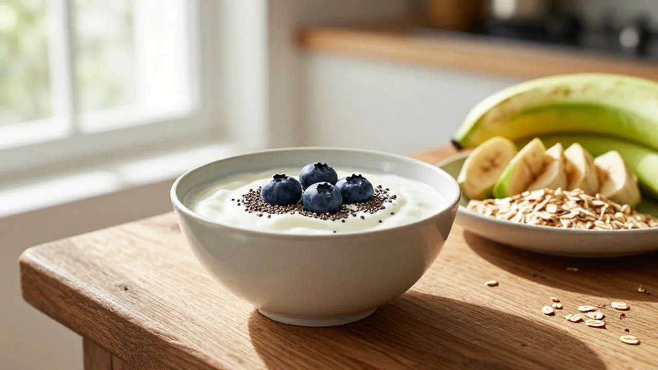 Bol de yogur con arándanos y semillas junto a plátano y avena sobre madera.