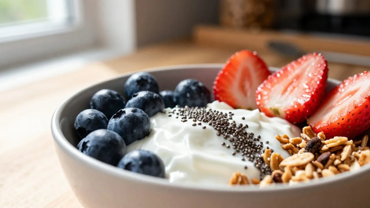Bol de yogur griego con fresas, arándanos, granola y semillas de chía sobre una mesa de madera.