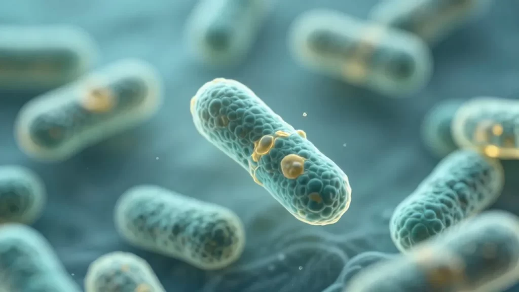 Bacterias probióticas luminosas en tonos azul y dorado flotando en un entorno celular nutritivo.