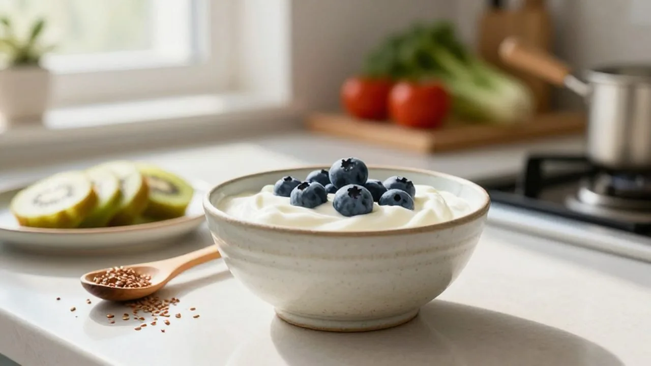 Bol de yogur natural con arándanos, rodajas de kiwi y semillas de lino sobre una encimera.
