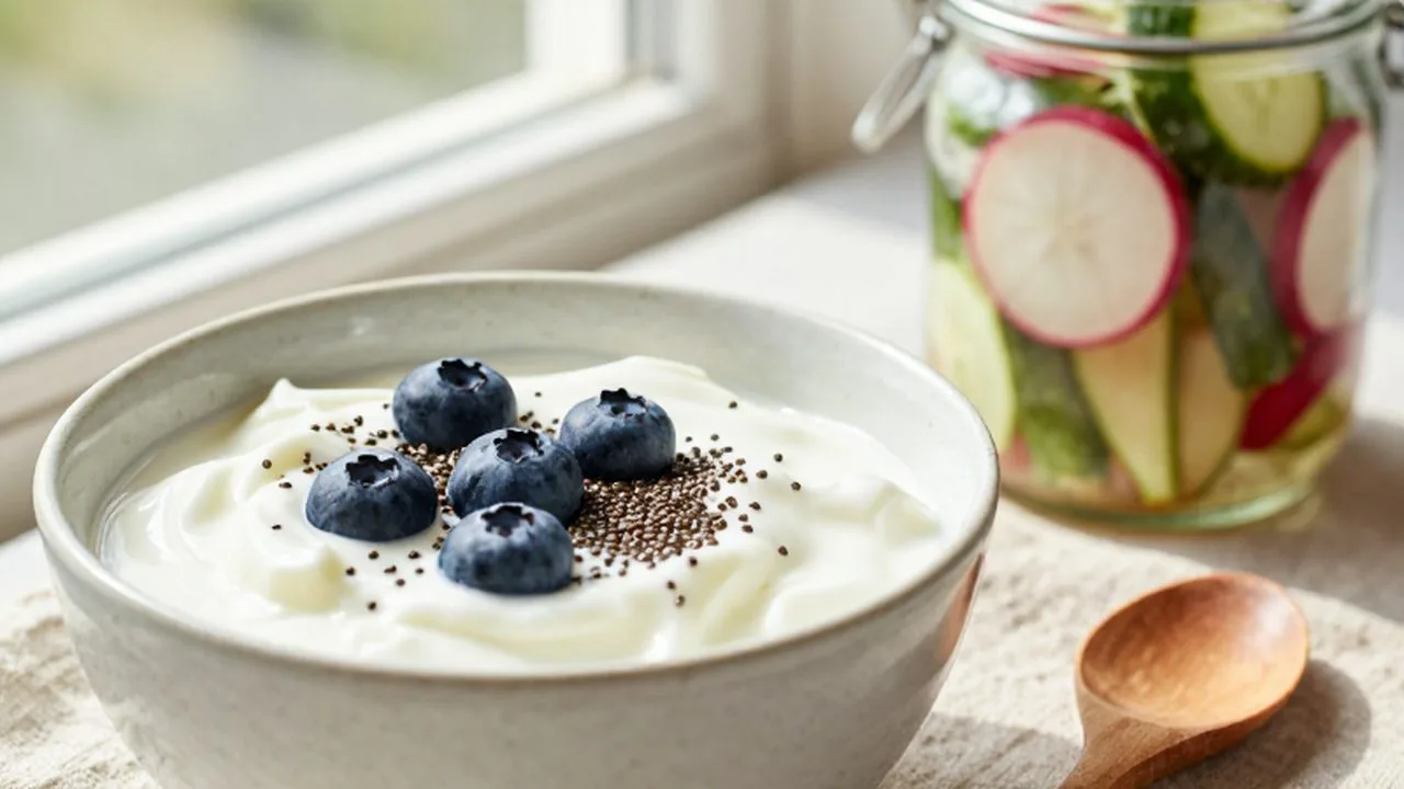 Yogur griego con arándanos y semillas junto a un frasco de vegetales fermentados.