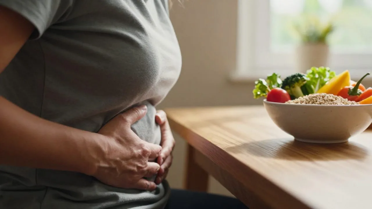 Persona sentada frente a un desayuno saludable con la mano sobre el abdomen expresando malestar.
