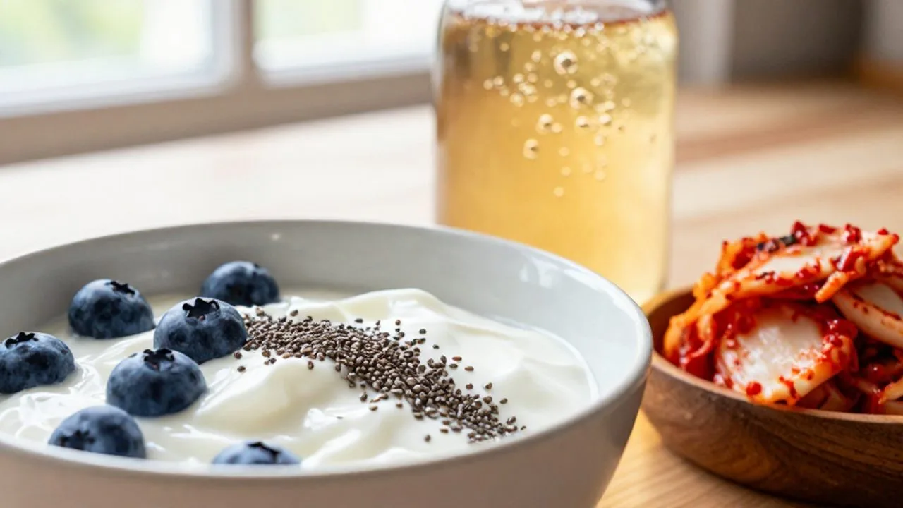 Variedad de alimentos probióticos con yogur con arándanos, kimchi fermentado y una jarra de kombucha.