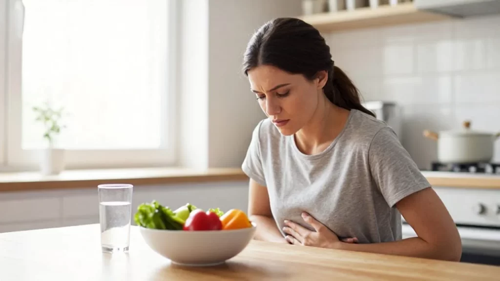 Mujer sentada a la mesa de la cocina con la mano en el estómago y expresión de malestar.