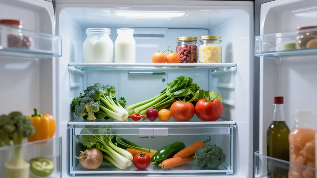 Refrigerador moderno abierto con verduras frescas, productos lácteos y frascos de vidrio organizados.