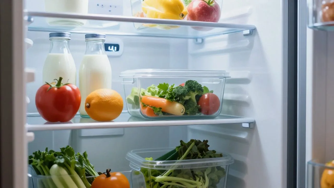 Interior de un refrigerador moderno organizado con vegetales frescos, recipientes saludables y botellas de leche.