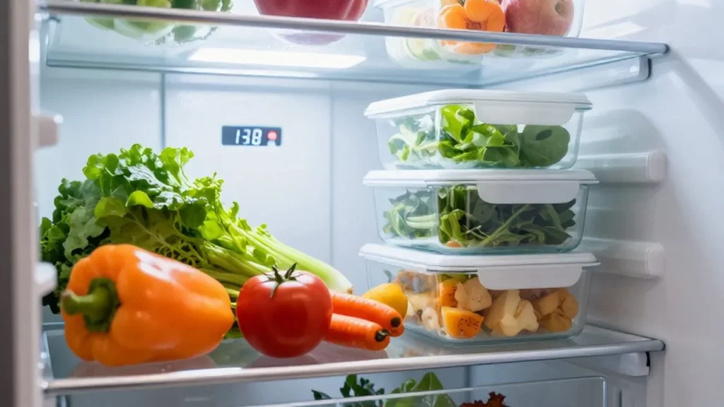 Interior de un refrigerador moderno con vegetales frescos y un panel digital de temperatura.