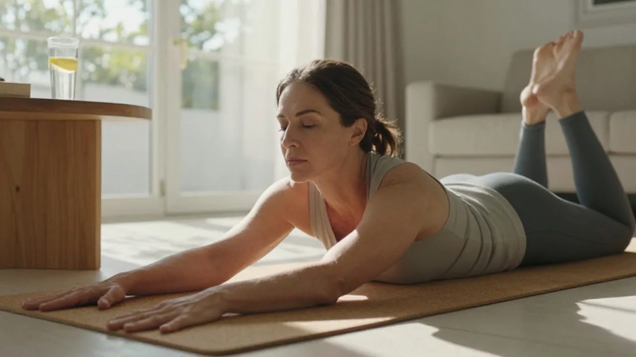 Mujer de mediana edad practicando yoga en una luminosa sala de estar durante la mañana.