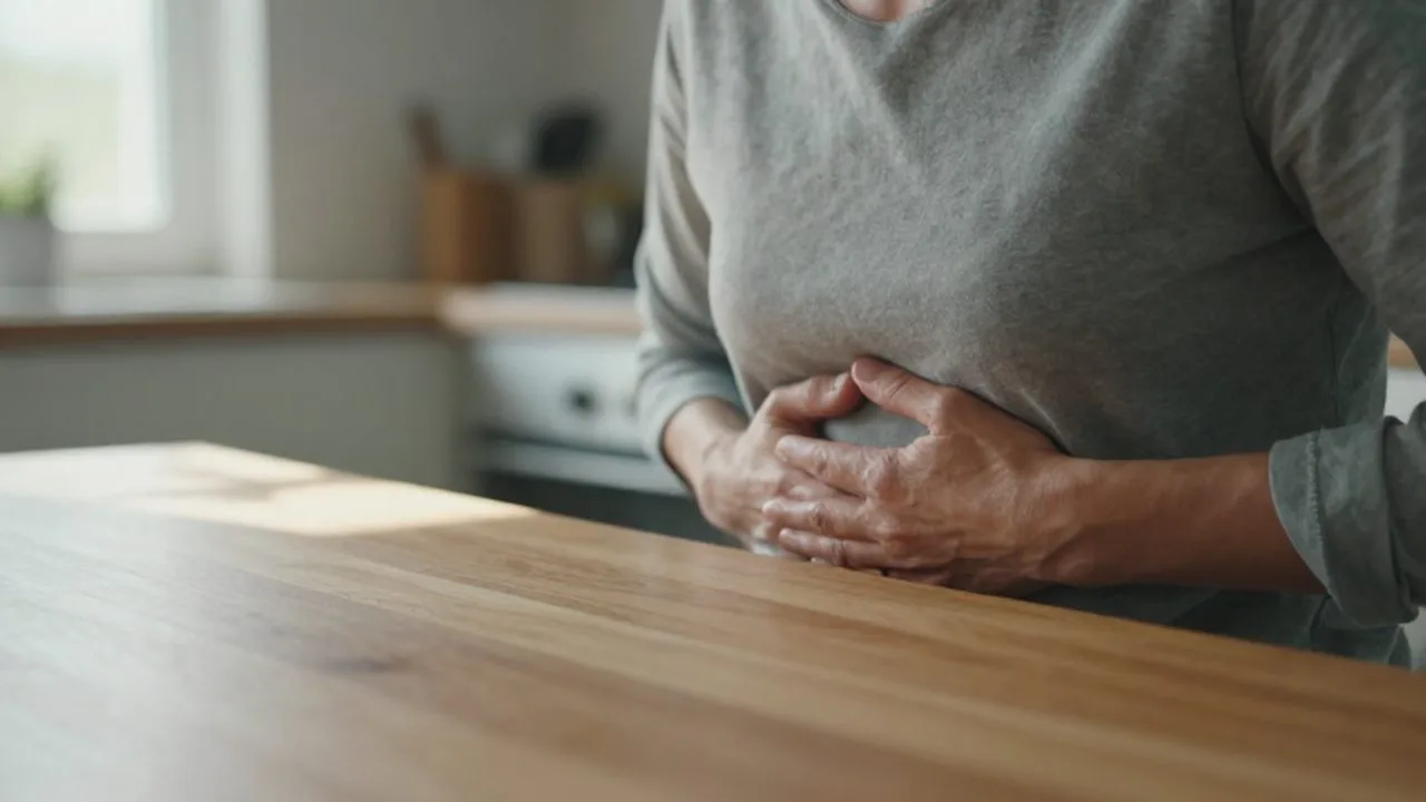 Persona de mediana edad sentada a la mesa de la cocina con una mano en el abdomen.