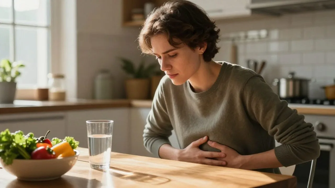 Persona sentada en una cocina con expresión pensativa y la mano en el abdomen.