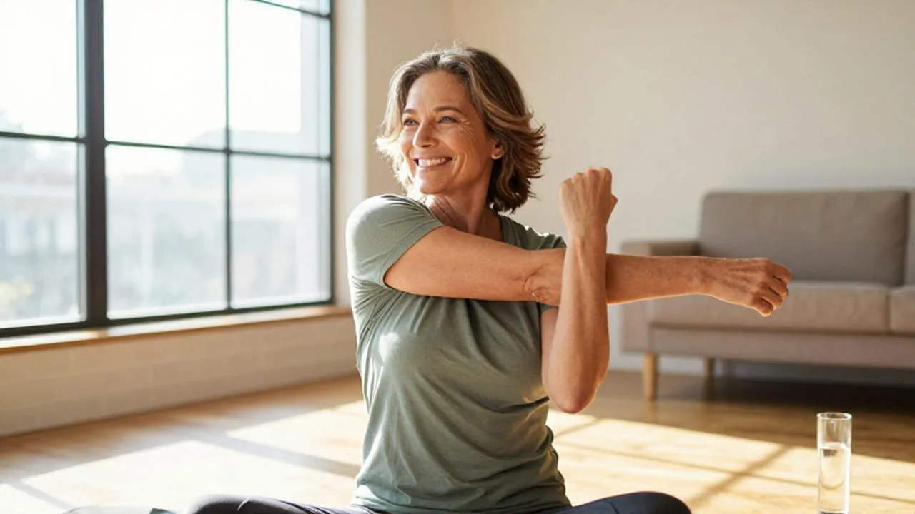 Persona de mediana edad sonriente estirándose en una luminosa sala de estar con ropa deportiva.
